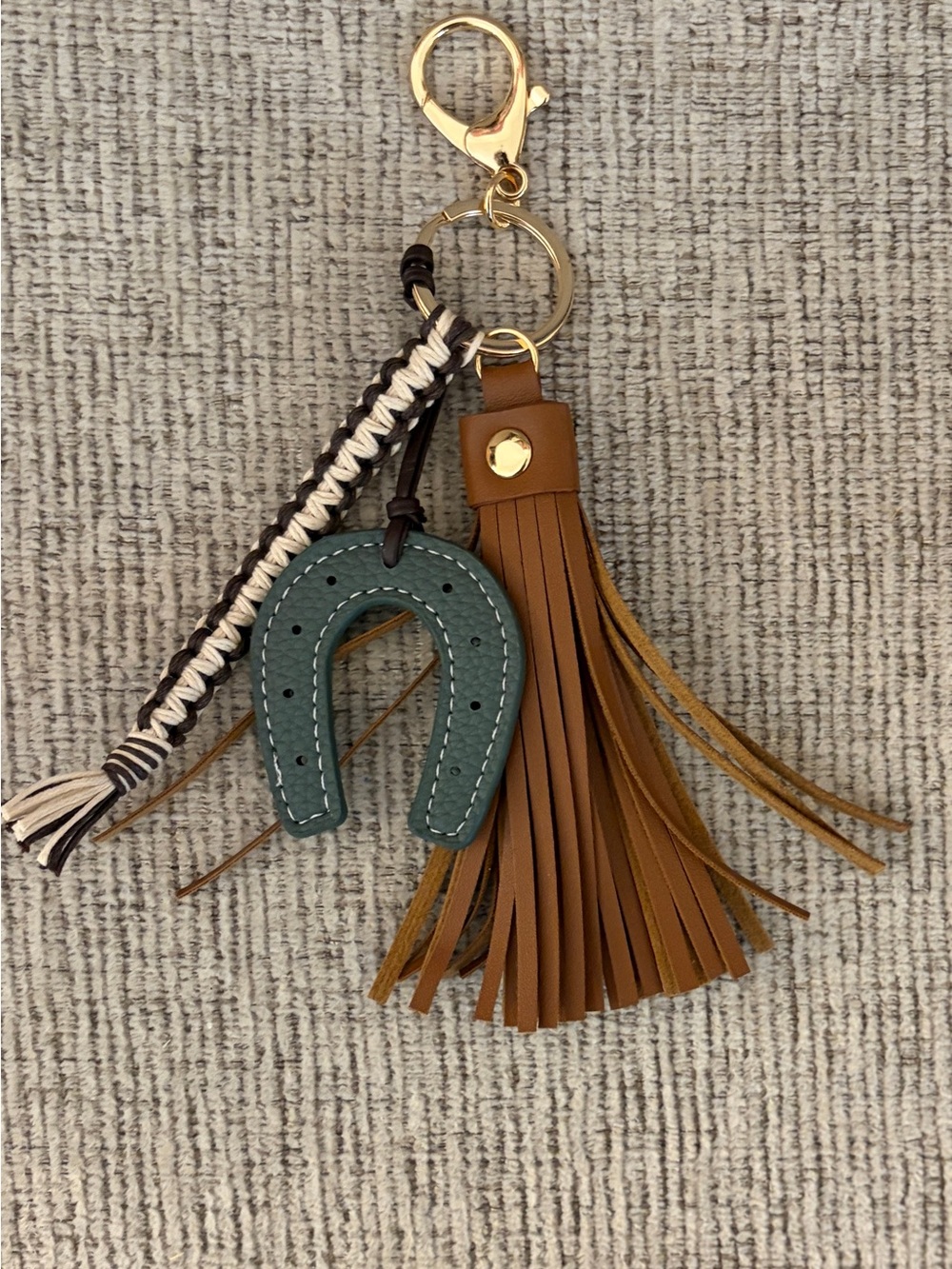 Leather Tassel & Horseshoe Bag Charm in Tan and Teal